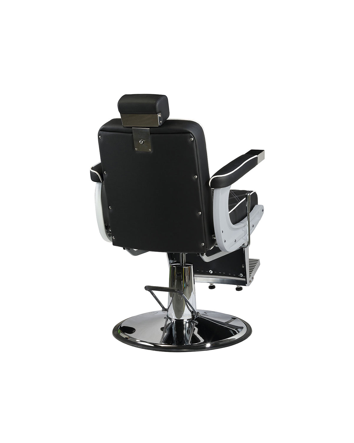 Karl - Cadeira de barbeiro preta com piping branco e base redonda cromada