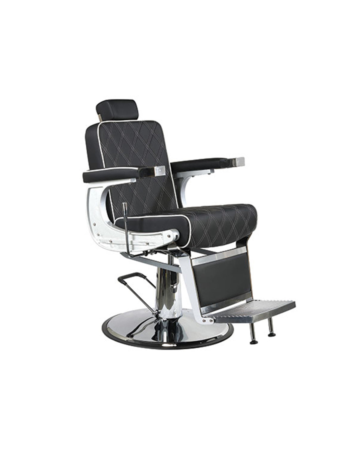 Karl - Cadeira de barbeiro preta com piping branco e base redonda cromada