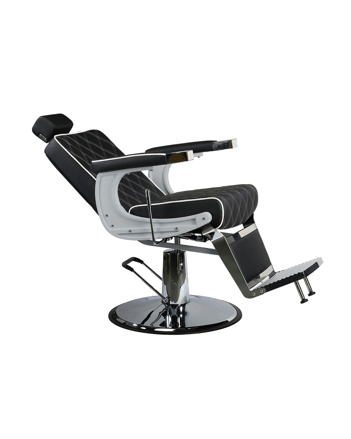 Karl - Cadeira de barbeiro preta com piping branco e base redonda cromada