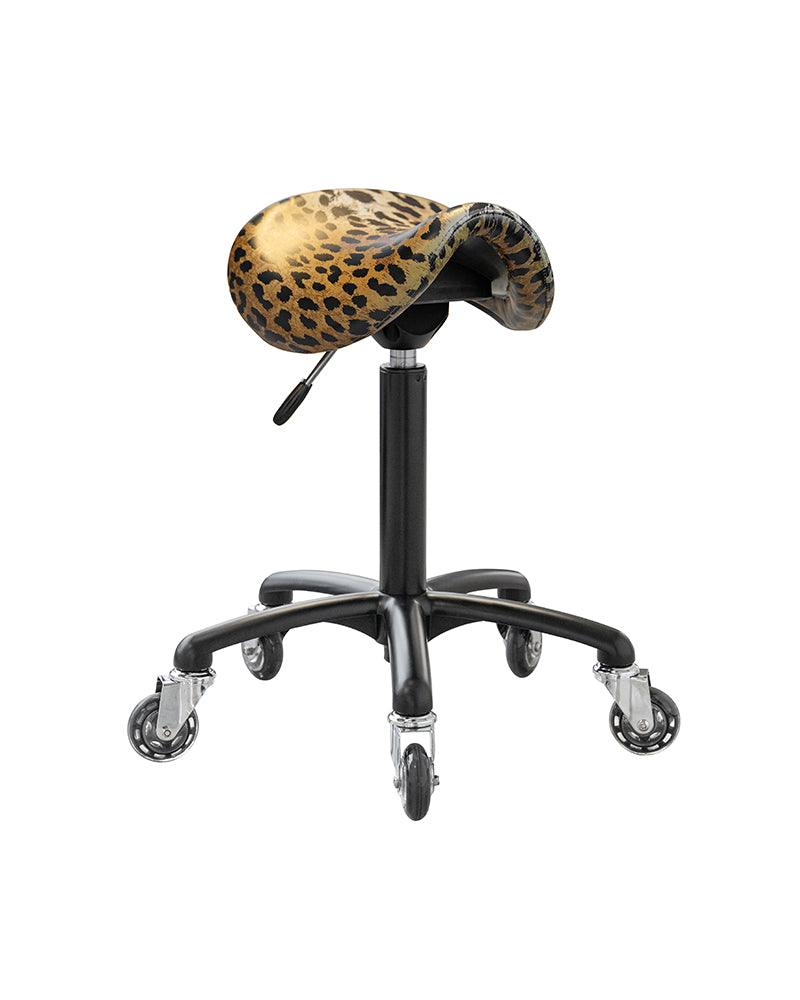 Stella - banqueta de sela preta com capa de leopardo e rodas roller